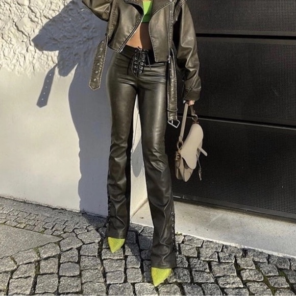 New Zara Dark Brown Faux Leather High Waist Pants Large XL 7901/502 - Picture 4 of 12